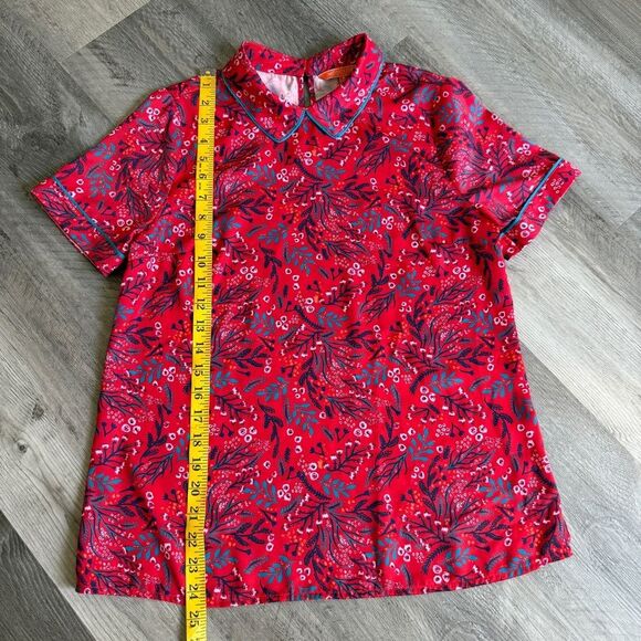 Modcloth Red Floral Collar Top Short Sleeve Small Keyhole Closure - Picture 10 of 12